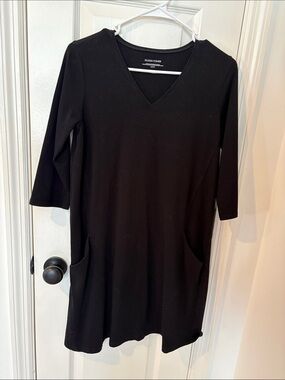 Eileen Fisher Black V-Neck Midi Dress with Pockets